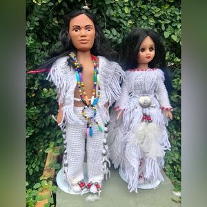 Native American Dolls with stands and crocheted traditional dress